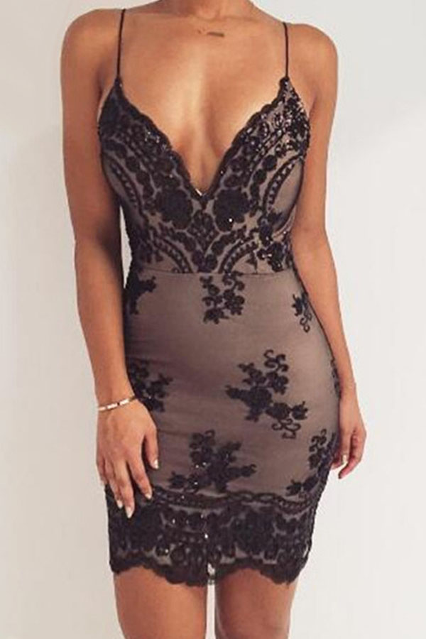 

Lovely Sexy V Neck Black Mini Dress