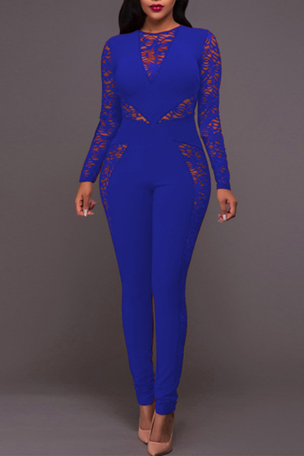 

Lovely Casual Lace Patchwork Deep Blue One-piece Jumpsuit