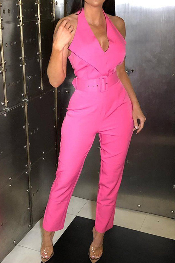 

Lovely Casual V Neck Backless Pink One-piece Jumpsuit