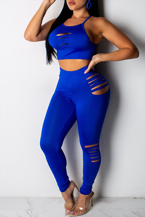 

Lovely Casual Hollow-out Blue Two-piece Pants Set