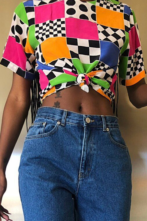 

Lovely Casual Plaid Print Multicolor T-shirt, Multi