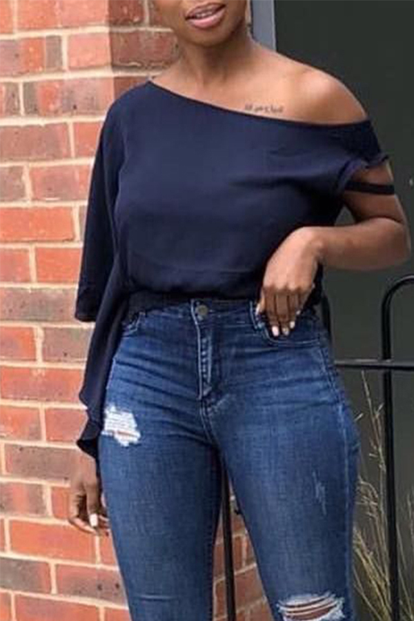 

Lovely Casual Dew Shoulder Dark Blue Blouse