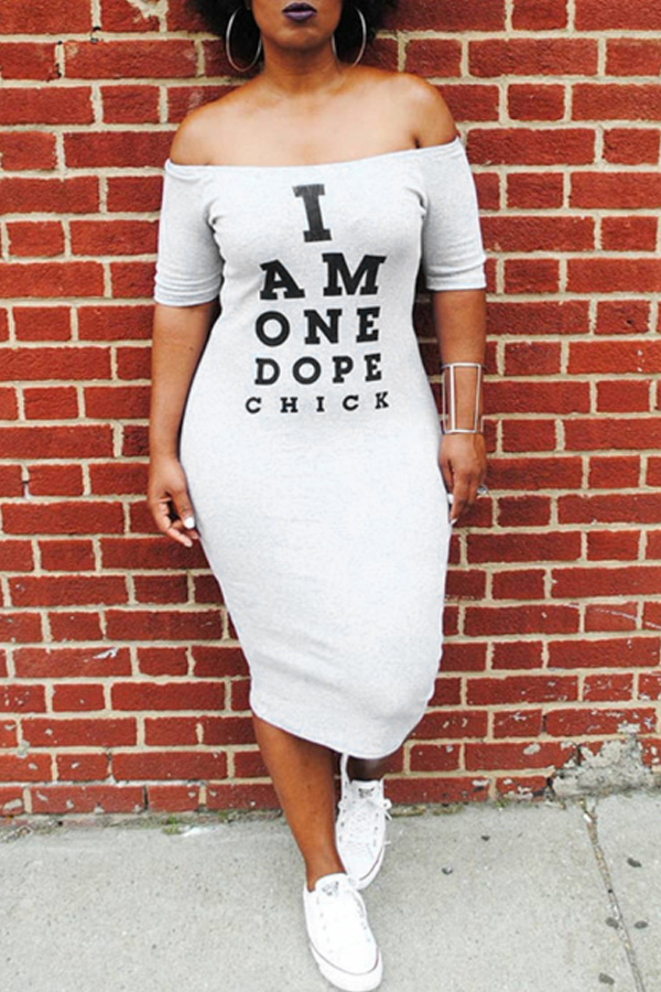 

Lovely Casual Letter Print White Mid Calf Dress
