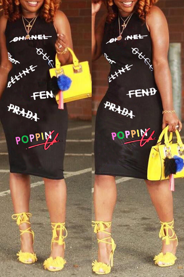 Lovely Casual Letter Print Black Knee Length Dress