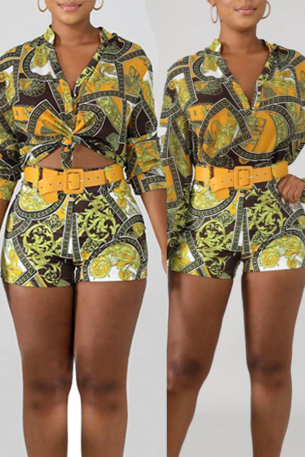 

Lovely Casual Print Golden Yellow Two-piece Shorts Set