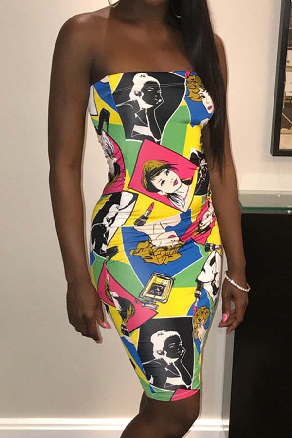 

Lovely Casual Dew Shoulder Print Multicolor Knee Length Dress, Multi