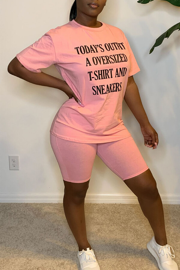 Lovely Casual Letter Pink Two-piece Shorts Set