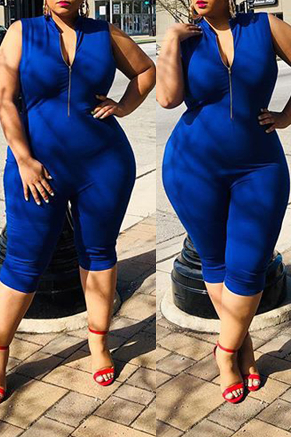 

Lovely Trendy Zipper Design Blue Plus Size One-piece Romper
