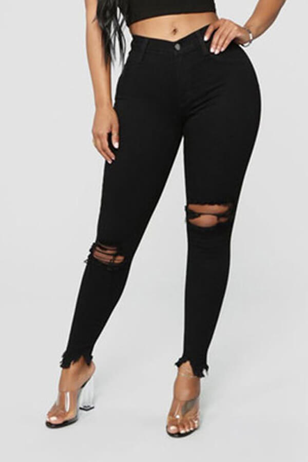 

LW High Stretchy Solid Knee Ripped Raw Edge Hem Jeans, Black