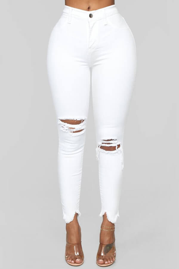 LW Casual Broken Holes White Jeans