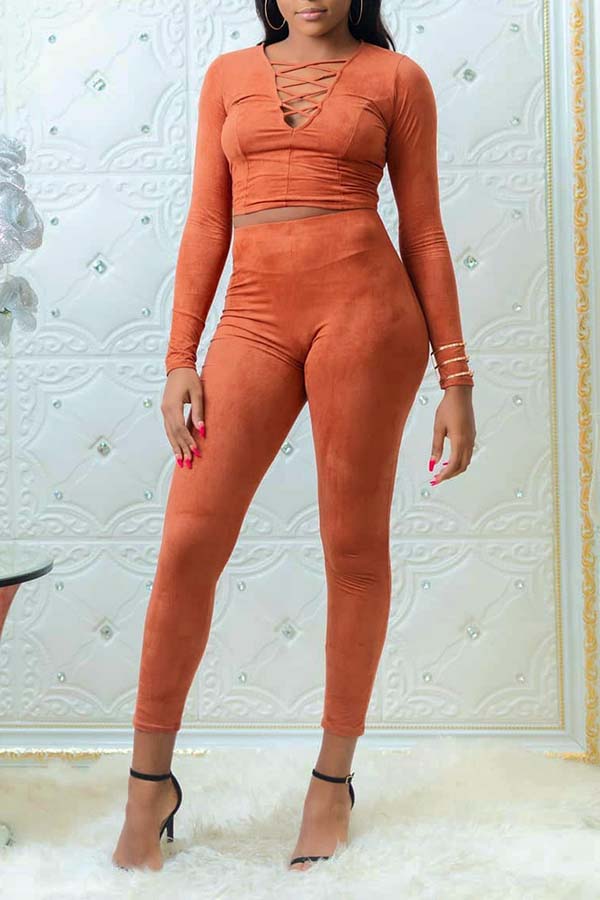 

Lovely Trendy Bandage Design Jacinth Two-piece Pants Set