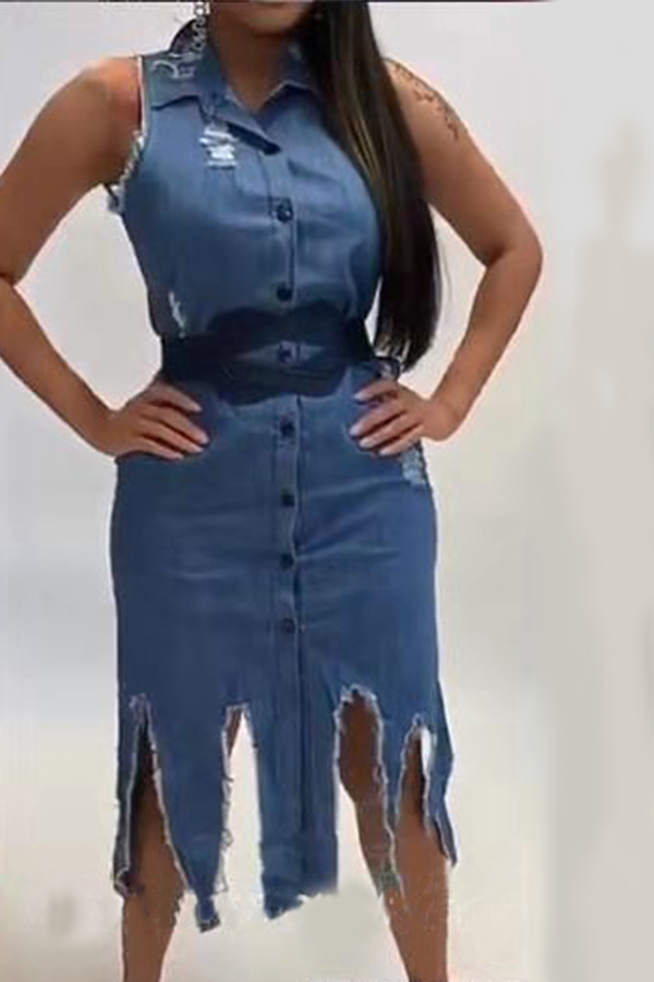

Lovely Casual Tassel Design Blue Denim Dress