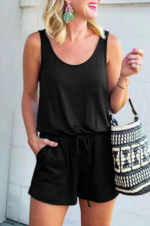

Lovely Casual Lace-up Black One-piece Romper