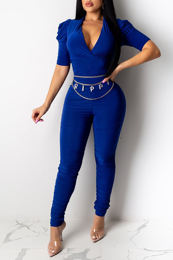 

Lovely Trendy Deep V Neck Blue One-piece Jumpsuit