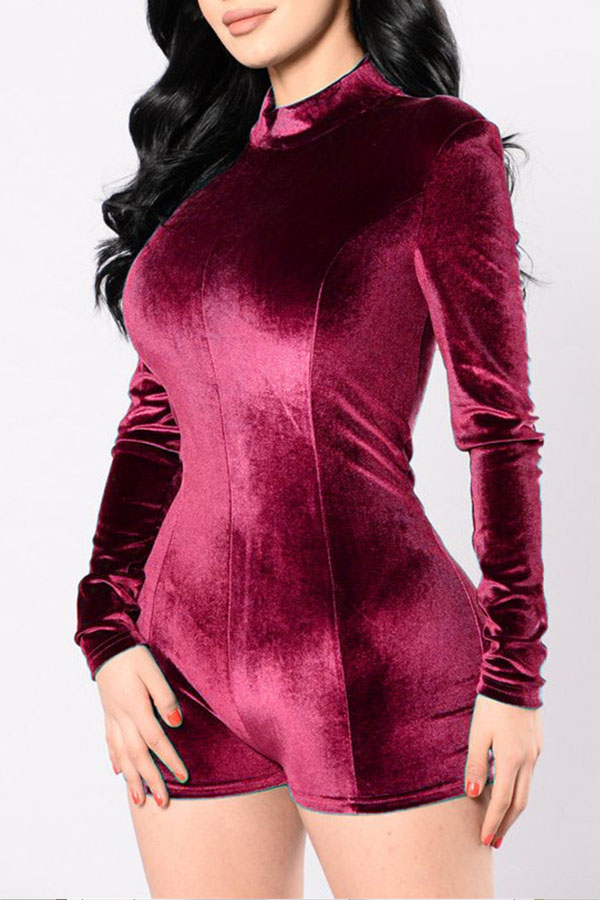 

Lovely Casual Basic Skinny Wine Red One-piece Romper