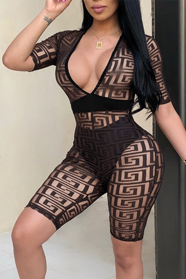 

Lovely Chic V Neck See-through Black One-piece Romper