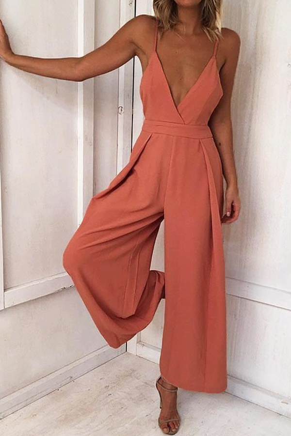 

Lovely Casual V Neck Loose Pink One-piece Jumpsuit