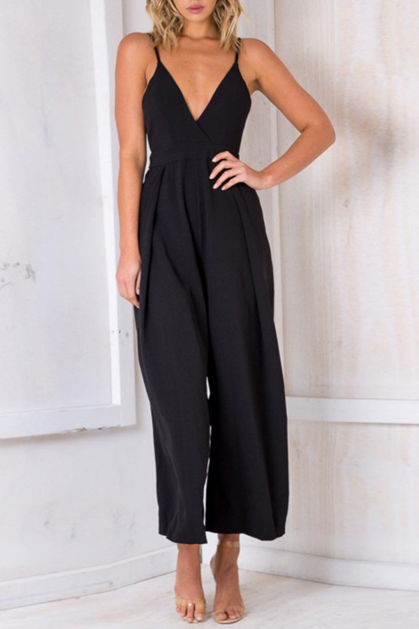 

Lovely Casual V Neck Loose Black One-piece Jumpsuit