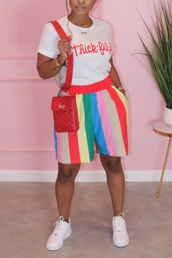 

Lovely Casual Rainbow Striped Watermelon Red Two-piece Shorts Set