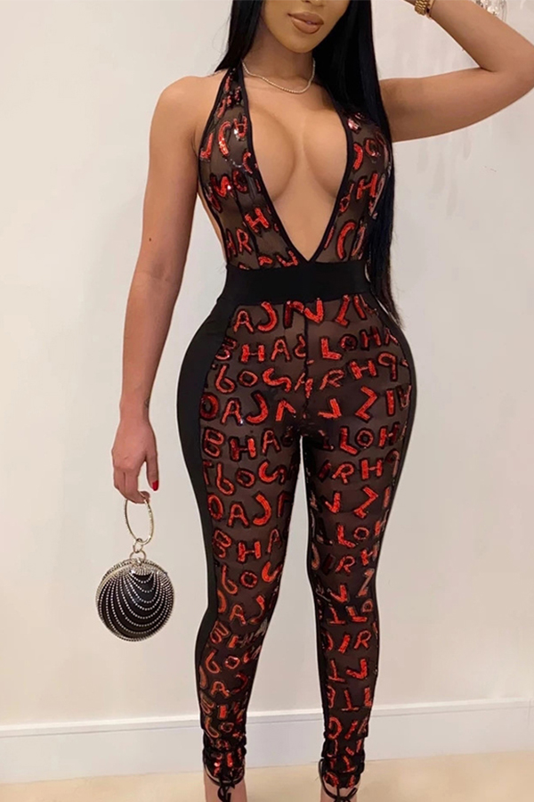 

Lovely Sexy Print Red One-piece Jumpsuit