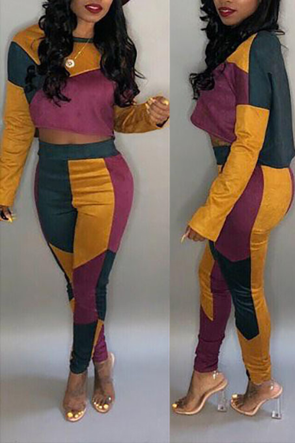 

Lovely Leisure Patchwork Purple Two-piece Pants Set