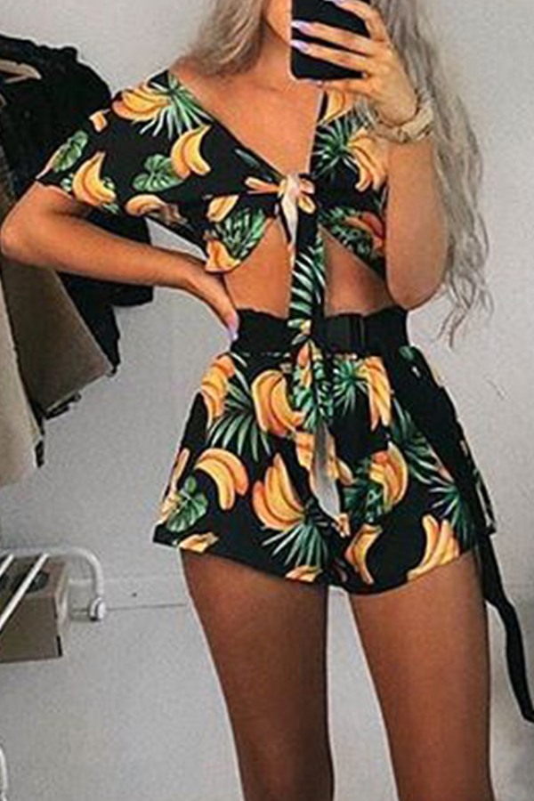 

Lovely Trendy Banana Print Black Two-piece Shorts Set