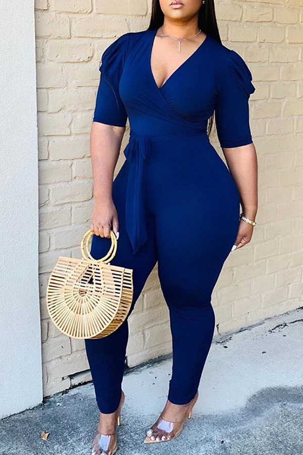 

Lovely Leisure Lace-up Deep Blue One-piece Jumpsuit