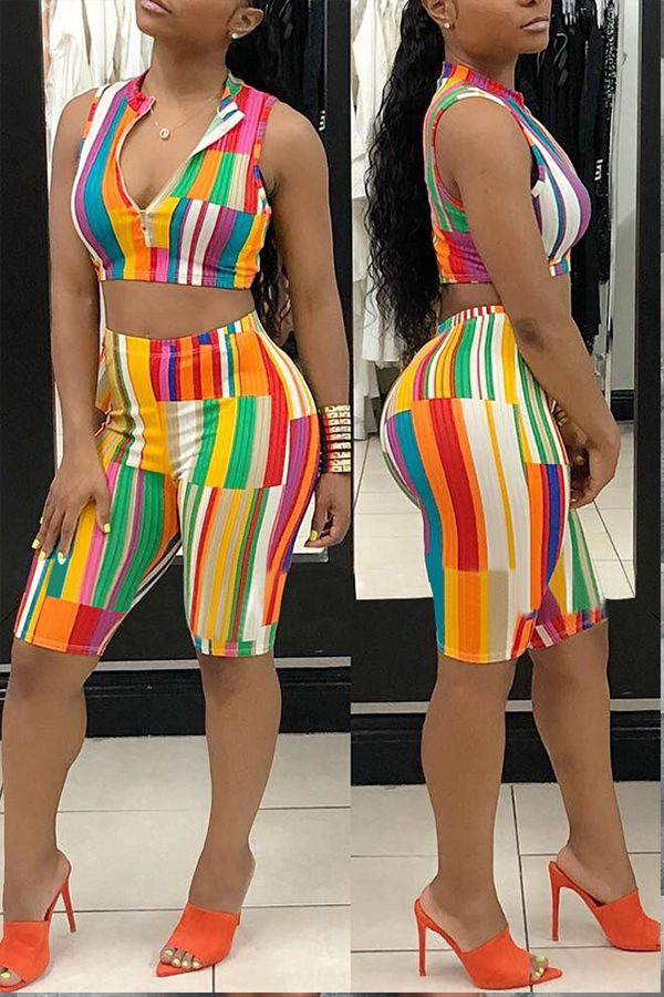 

Lovely Trendy Striped Print Multicolor Two-piece Shorts Set, Multi