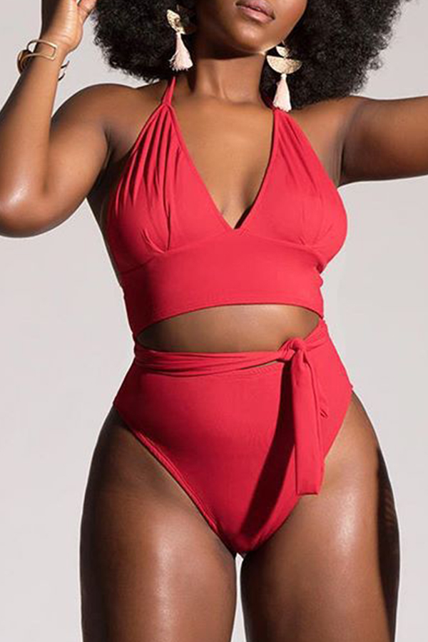 

Lovely Lace-up Red Bathing Suit Plus Size Two-piece Swimsuit