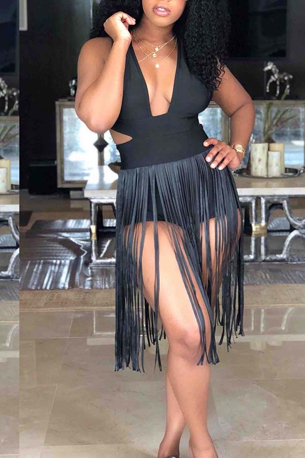

Lovely Plus Size Tassel Design Black Bathing Suit One-piece Swimsuit