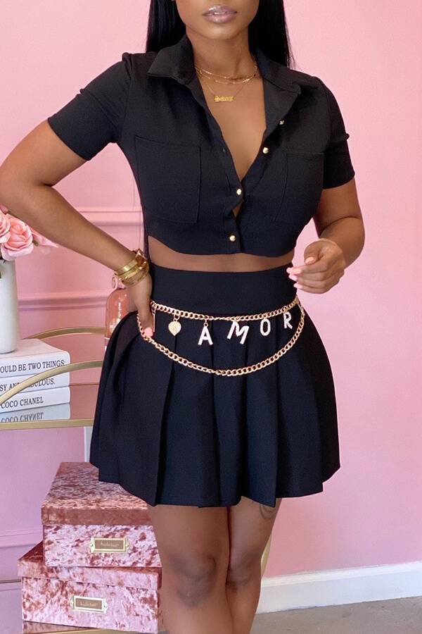 

Lovely Casual Buttons Design Black Two-piece Skirt Set