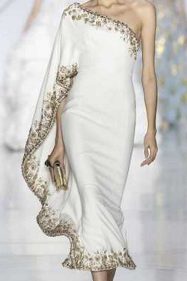 

Lovely Stylish Flounce Design White Mid Calf Dress