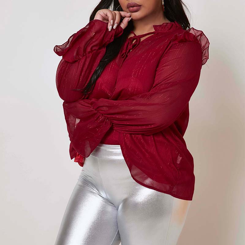 

Lovely Trendy Flounce Design Red Plus Size Blouse