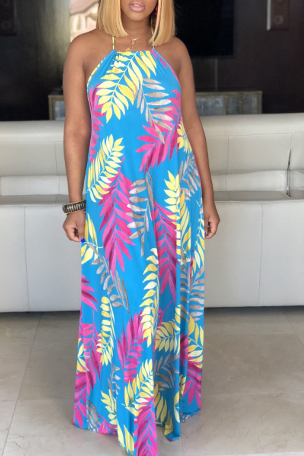 

Lovely Bohemian Print Baby Blue Ankle Length Dress