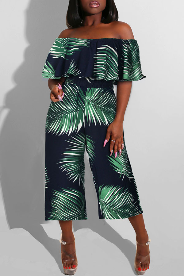 

Lovely Leisure Plants Print Blue One-piece Jumpsuit