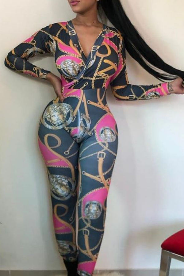 

Lovely Casual V Neck Print Rose Red One-piece Jumpsuit
