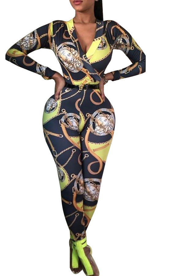 

Lovely Casual V Neck Print Yellow One-piece Jumpsuit