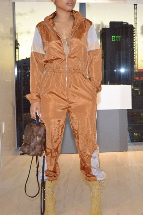 

Lovely Leisure Patchwork Brown One-piece Jumpsuit