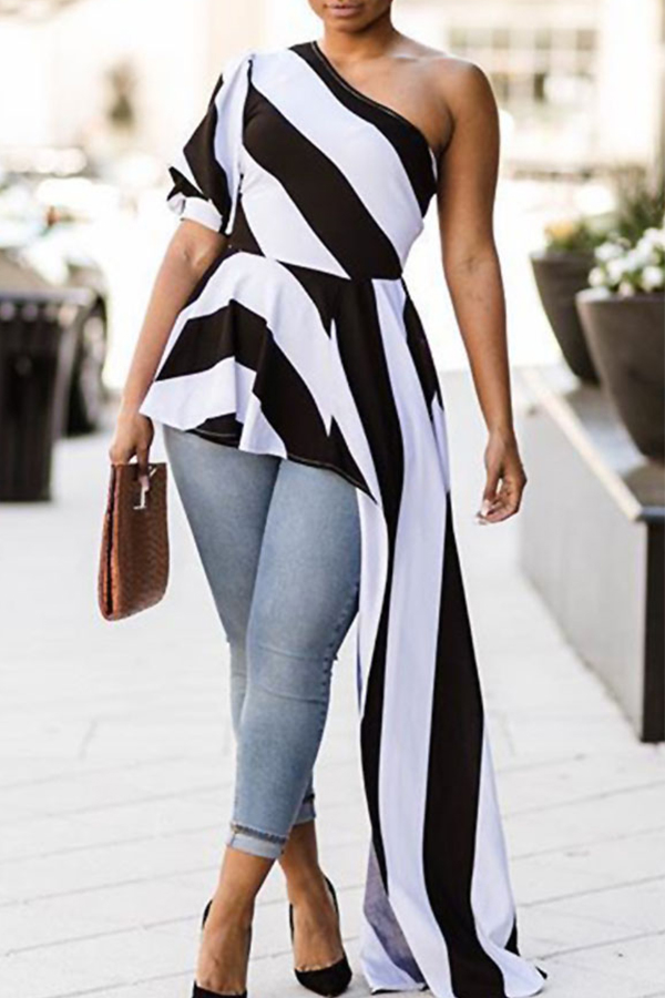 

Lovely Stylish One Shoulder Striped White Blouse, White stripe