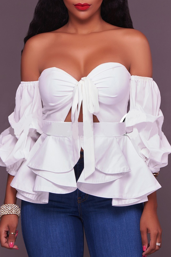 

Lovely Sweet Dew Shoulder Flounce Design White Blouse