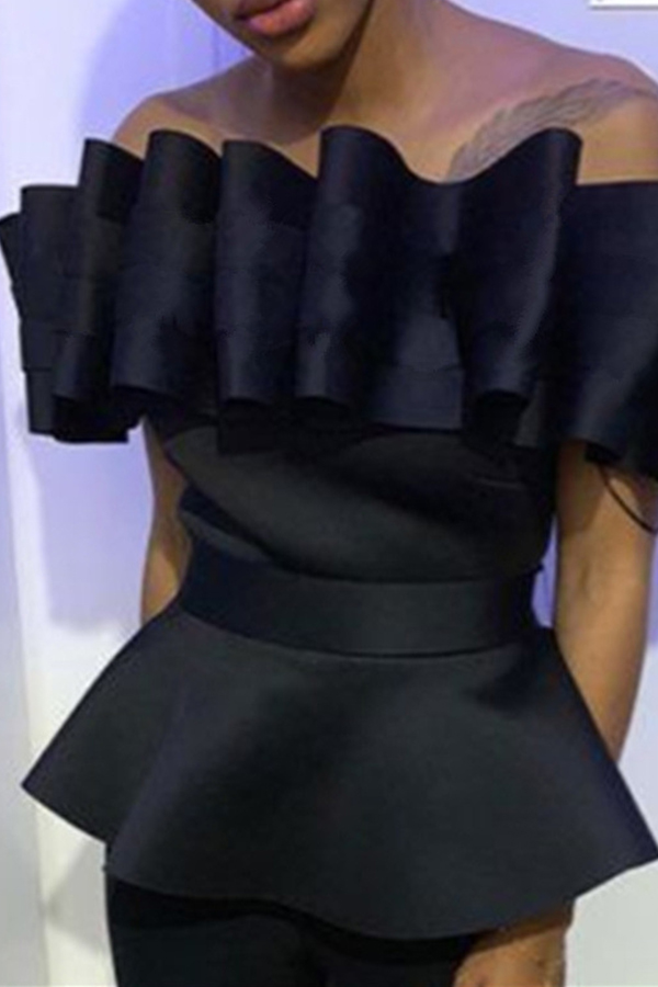 

Lovely Sweet Dew Shoulder Flounce Design Black Blouse