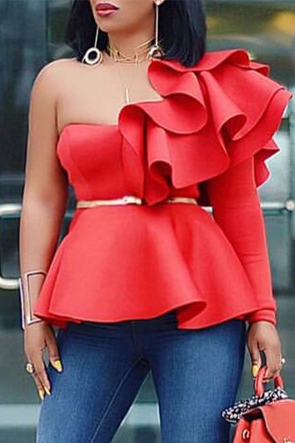 

Lovely Sweet One Shoulder Flounce Design Red Blouse