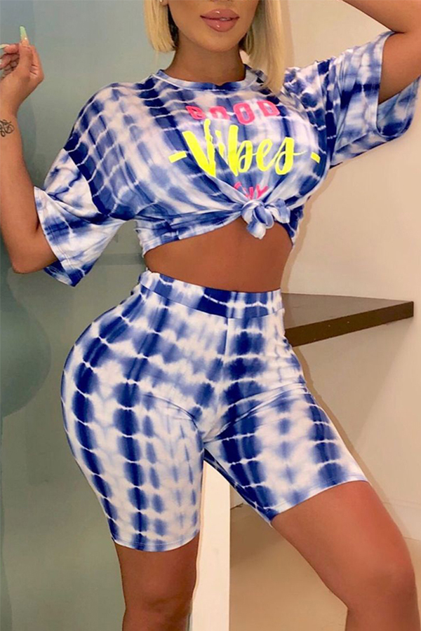 

Lovely Trendy Print Blue Two-piece Shorts Set