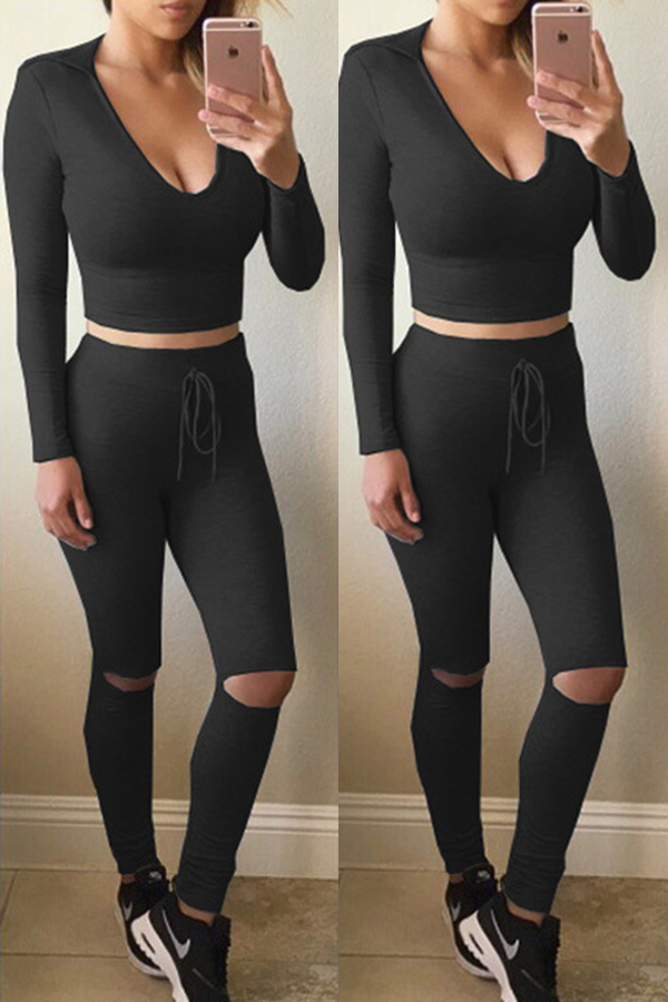 

Lovely Casual Hollow-out Black Two-piece Pants Set