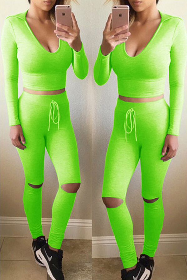 

Lovely Casual Hollow-out Green Two-piece Pants Set