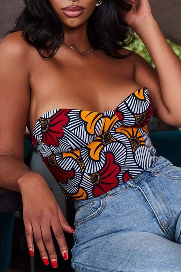 

Lovely Casual Dew Shoulder Print White Camisole