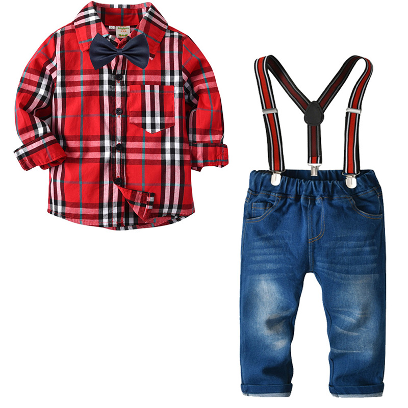 

Lovely Stylish Grid Print Red Boy Two-piece Pants Set