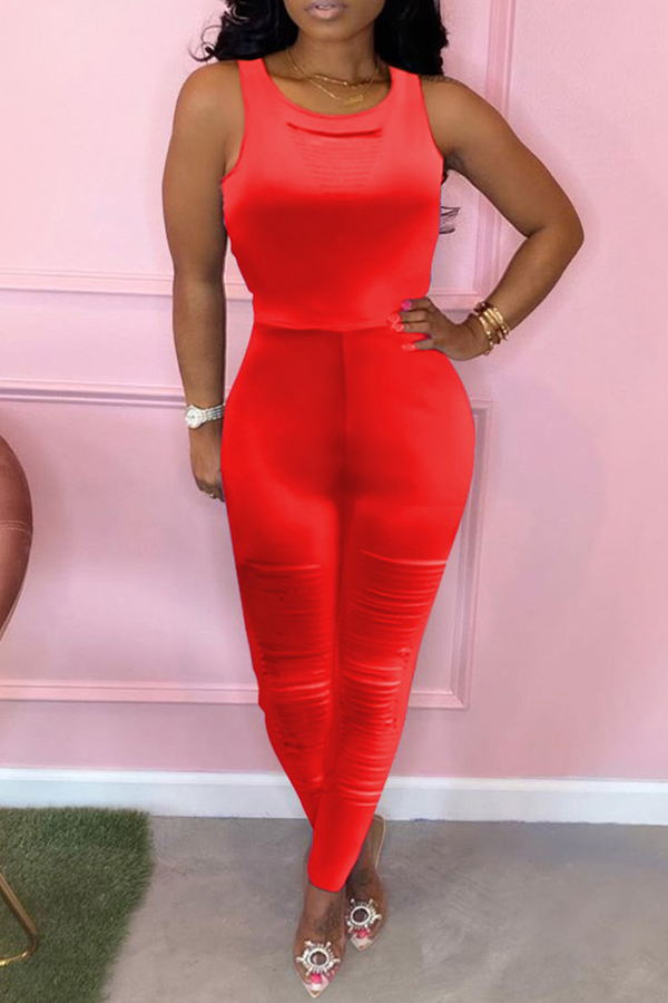 

Lovely Leisure Hollow-out Red One-piece Jumpsuit