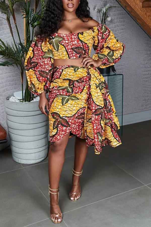 

Lovely Bohemian Print Yellow Two-piece Skirt Set