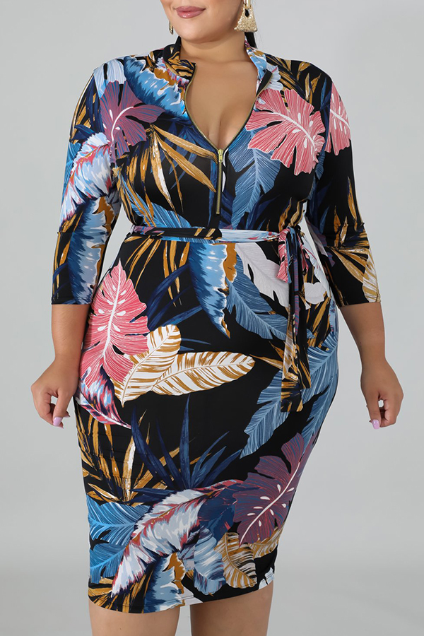

Lovely Stylish Plants Print Black Knee Length Plus Size Dress